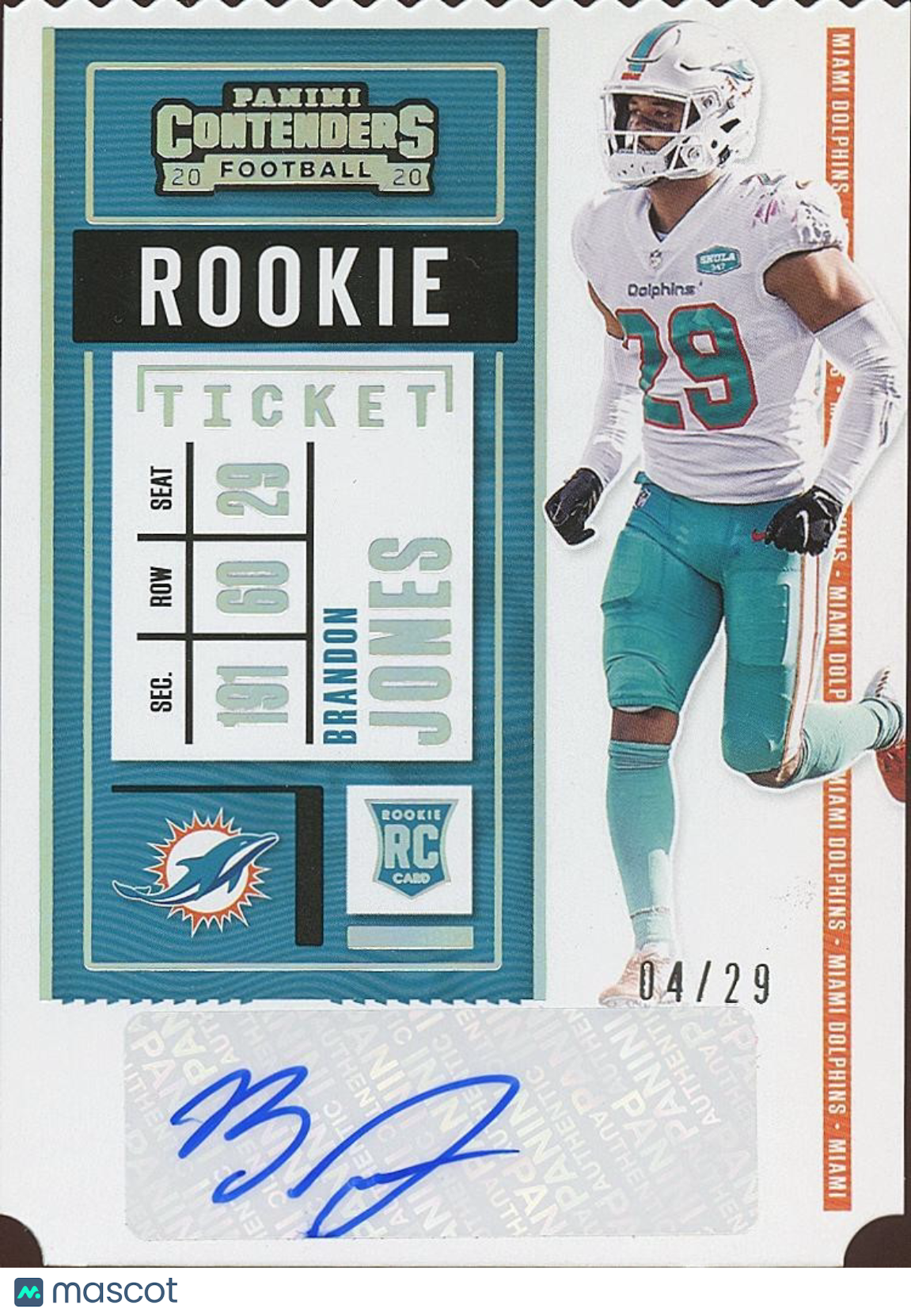 Brandon Jones 2020 Contenders Ticket Stub Auto Autograph Longhorns Dolphins 4/29