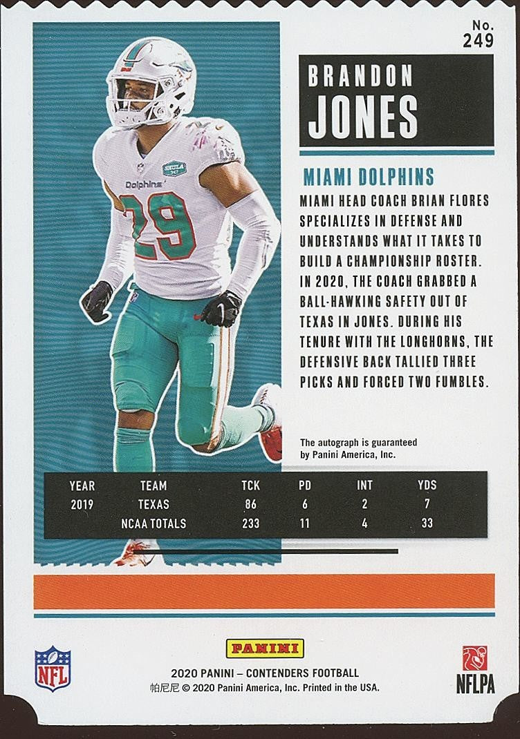 Brandon Jones 2020 Contenders Ticket Stub Auto Autograph Longhorns Dolphins 4/29
