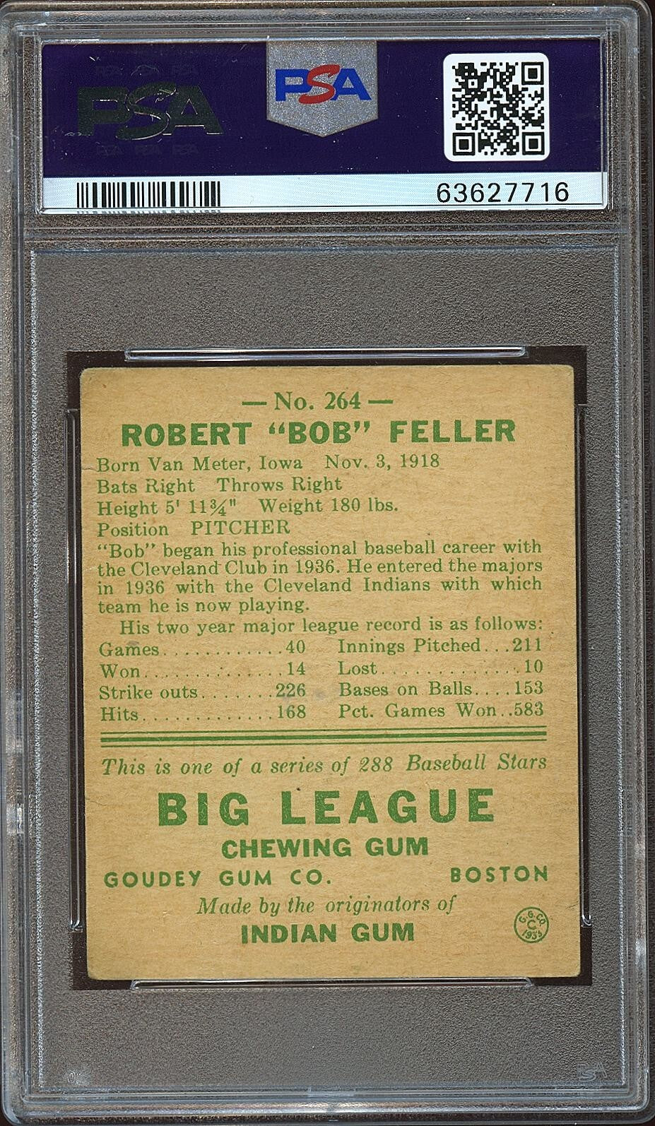 Bob Feller 1938 Goudey Baseball Card Cleveland Indians #264 PSA 2