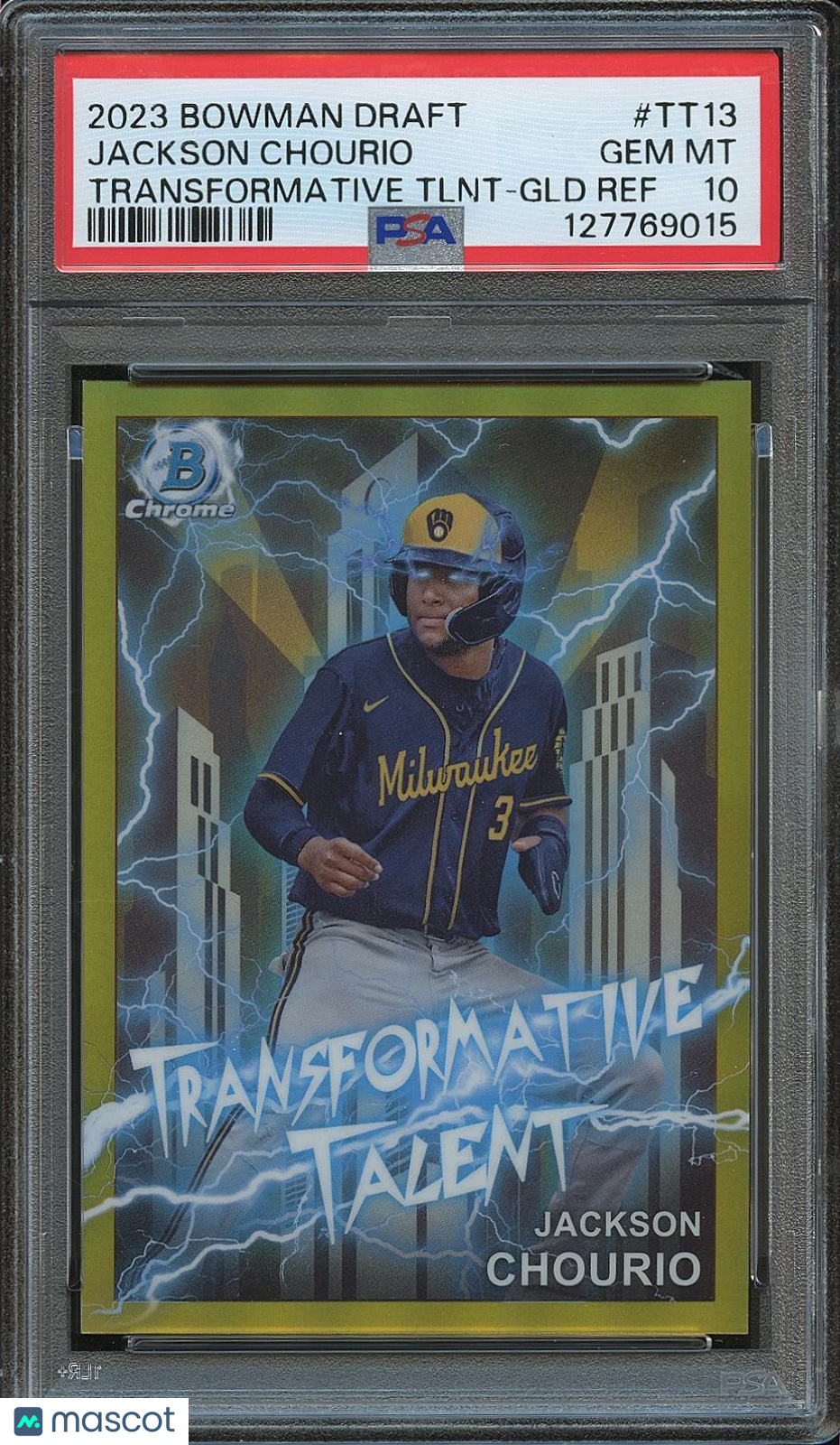 Jackson Chourio 2023 Bowman Chrome Transformative GOLD Ref. Brewers 16/50 PSA 10