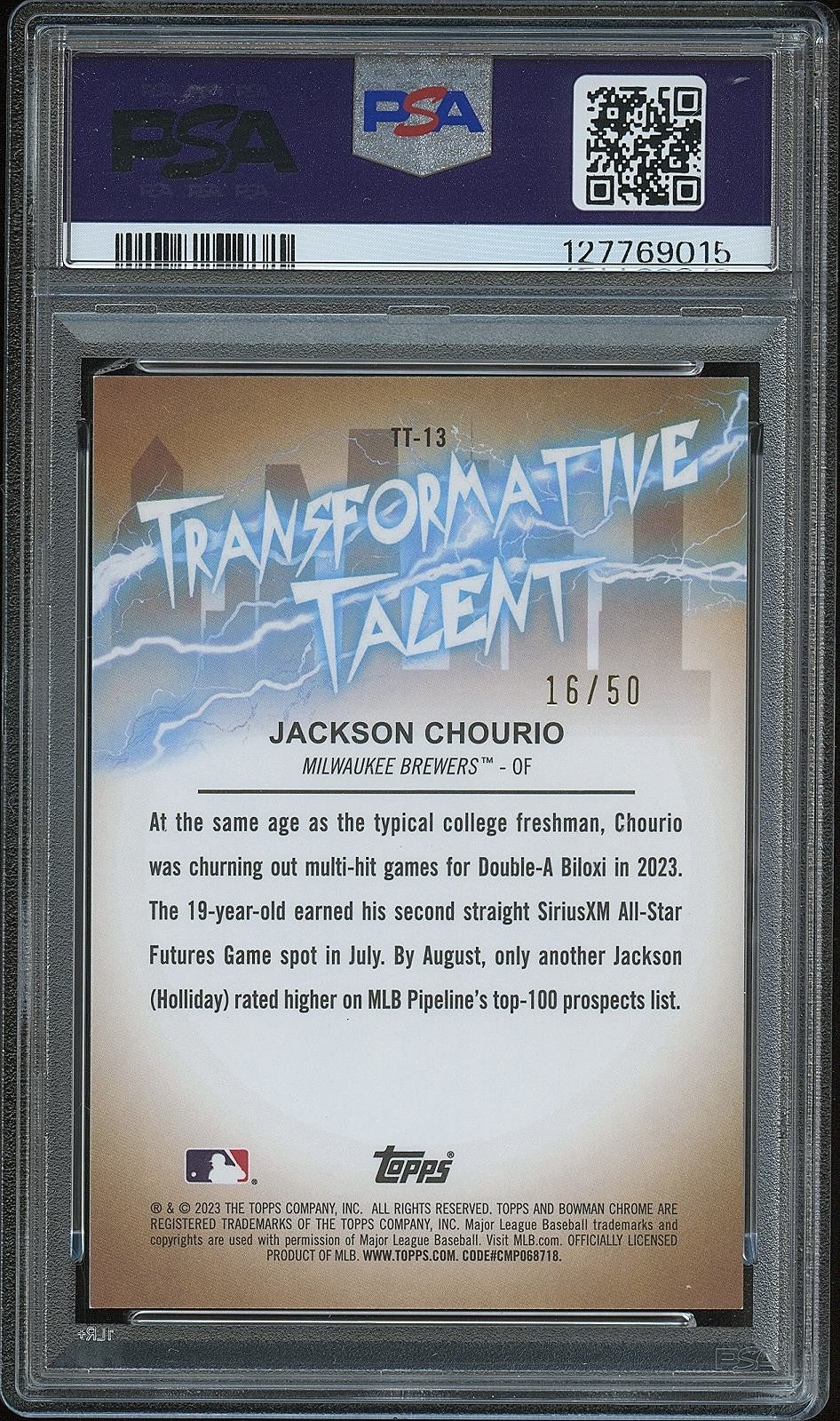 Jackson Chourio 2023 Bowman Chrome Transformative GOLD Ref. Brewers 16/50 PSA 10