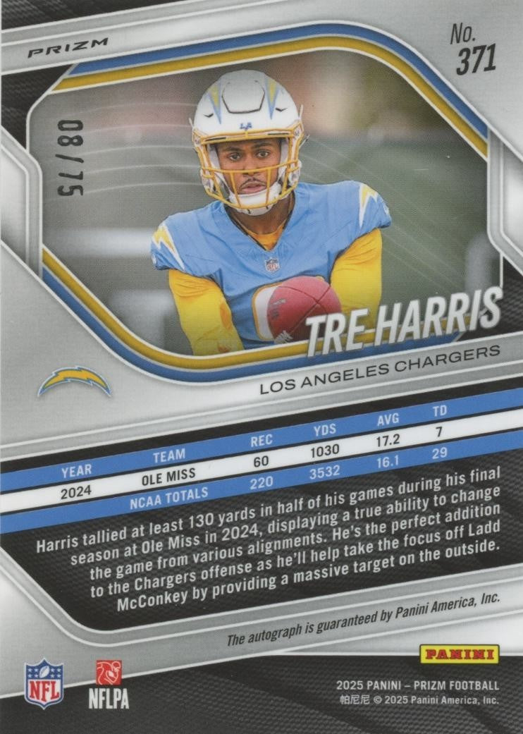 Tre Harris 2025 Prizm Green Scope Auto Autograph RC Los Angeles Chargers 8/75