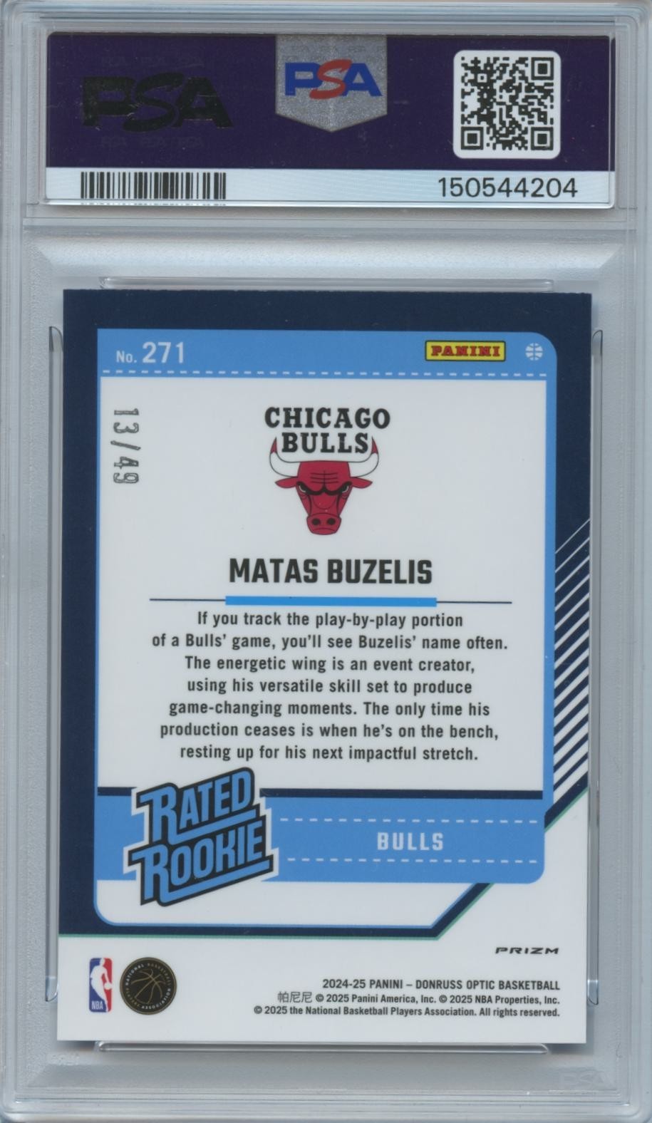 Matas Buzelis 2024-25 Optic Rated Rookie Blue Fastbreak Prizm Bulls 13/49 PSA 9
