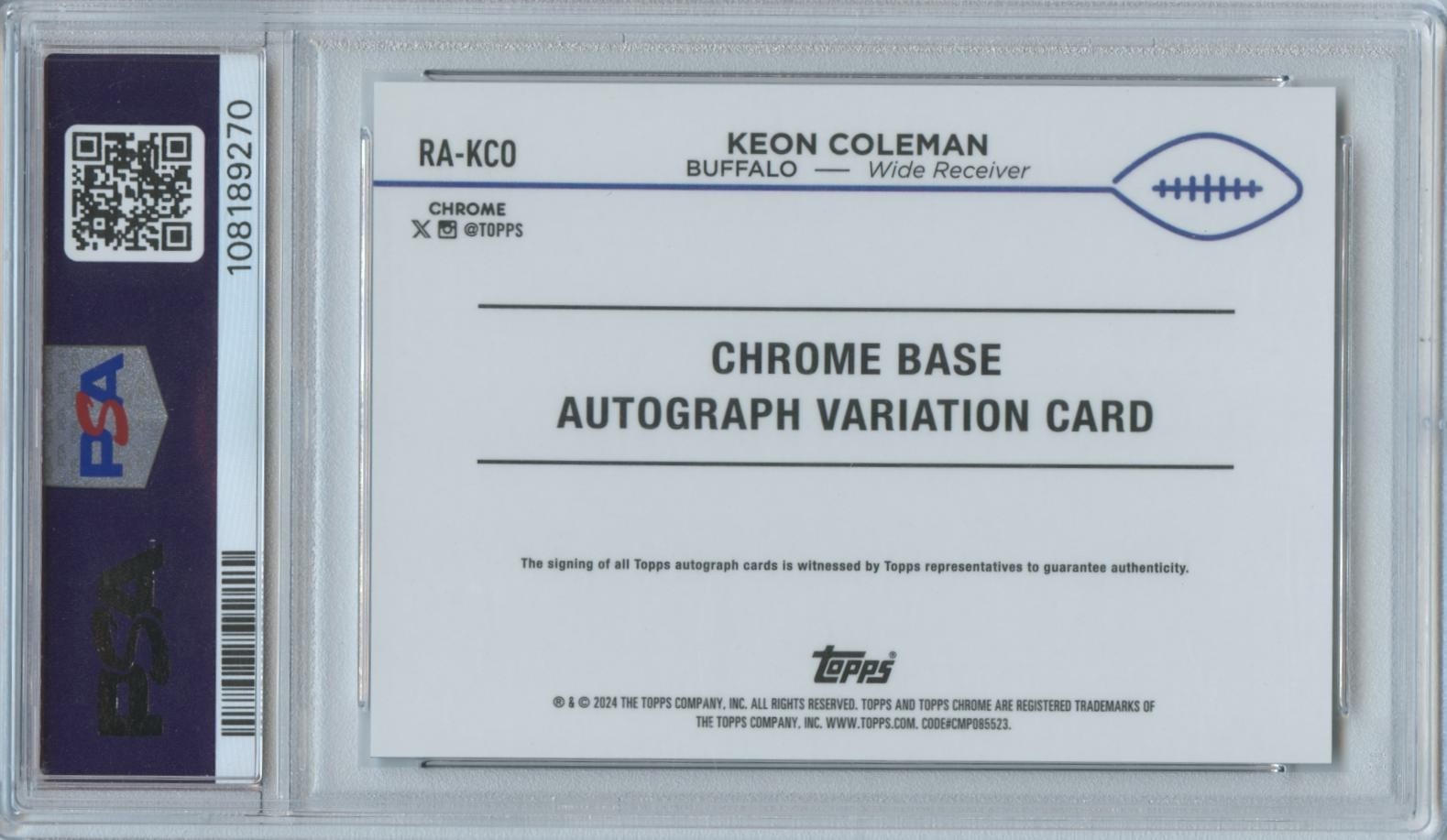 Keon Coleman 2024 Topps Chrome Auto Autograph Rookie RC Buffalo Bills PSA 10