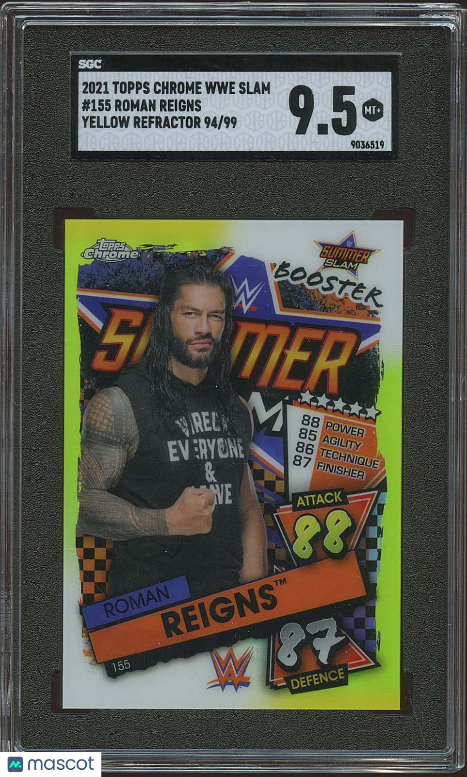 Roman Reigns 2021 Topps Chrome Slam Attax Yellow Refractor 94/99 SGC 9.5
