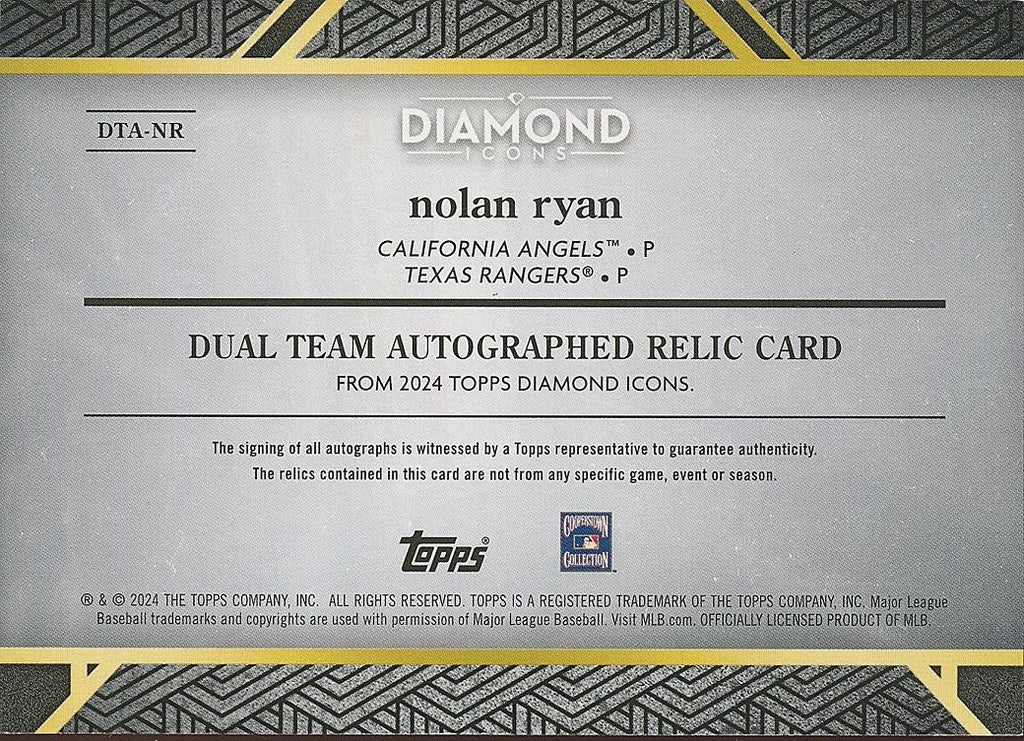 Nolan Ryan 2024 Topps Diamond Icons Auto Autograph Game Worn Patch 9/10 Astros
