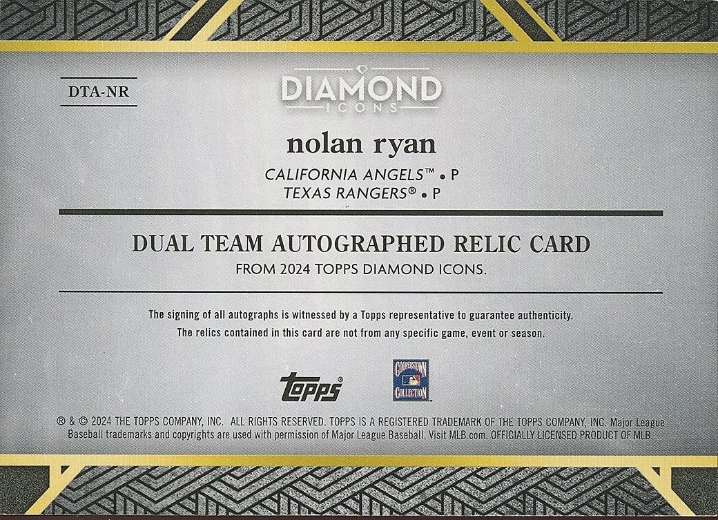 Nolan Ryan 2024 Topps Diamond Icons Auto Autograph Game Worn Patch 9/10 Astros