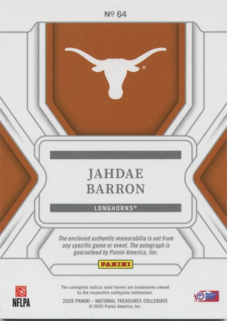 Jahdae Barron 2025 National Treasures Auto Autograph Patch RC SSP Longhorns 4/5