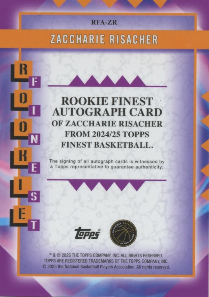 Zaccharie Risacher 2024-25 Topps Finest Auto Autograph RC Atlanta Hawks 20/25