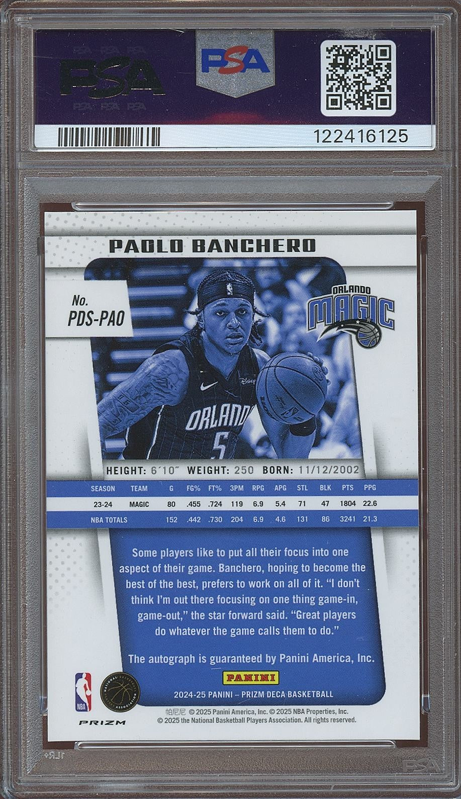 Paolo Banchero 2024-25 Prizm Deca Silver Auto Autograph Orlando Magic PSA 9