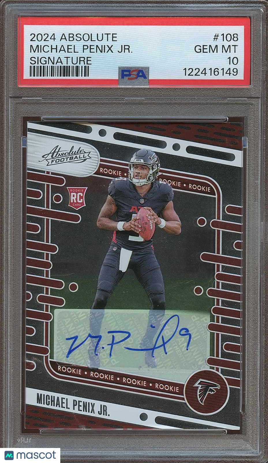 Michael Penix Jr. 2024 Absolute Auto Autograph Rookie RC Atlanta Falcons PSA 10