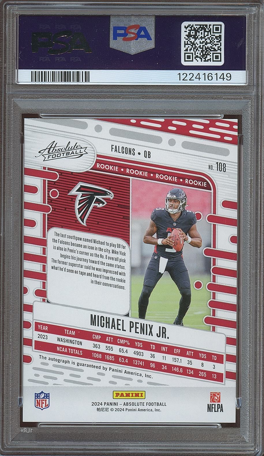 Michael Penix Jr. 2024 Absolute Auto Autograph Rookie RC Atlanta Falcons PSA 10