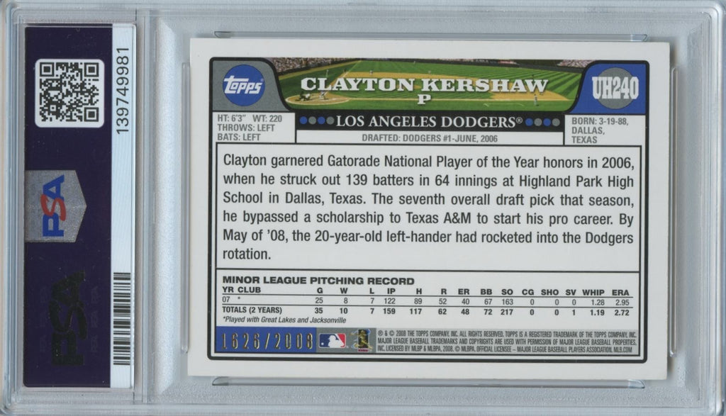 Clayton Kershaw 2008 Topps GOLD Rookie RC Los Angeles Dodgers 1626/2008 PSA 6