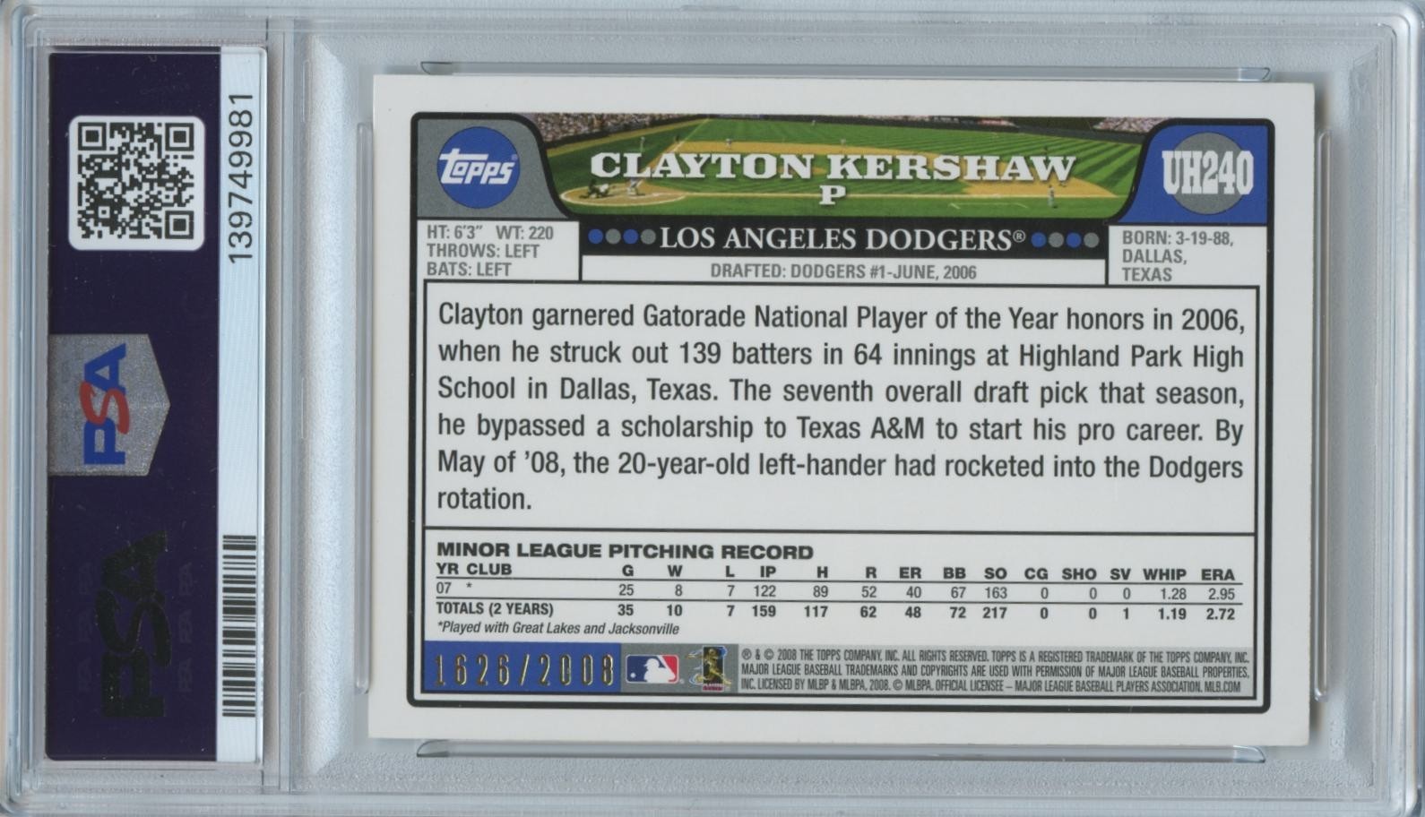Clayton Kershaw 2008 Topps GOLD Rookie RC Los Angeles Dodgers 1626/2008 PSA 6