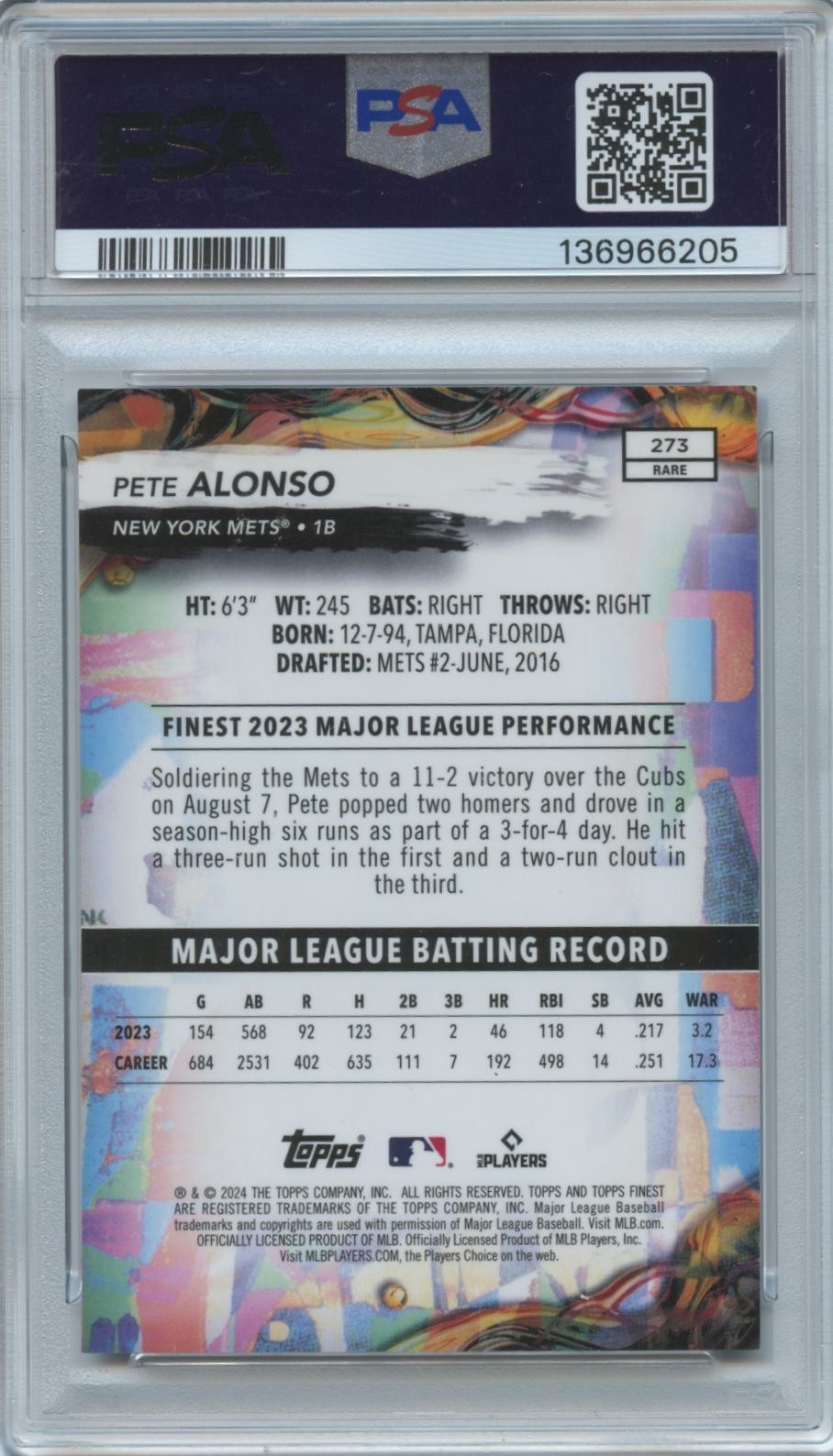 Pete Alonso 2024 Topps Finest RARE Blue Checkerboard Refractor Mets 44/49 PSA 9