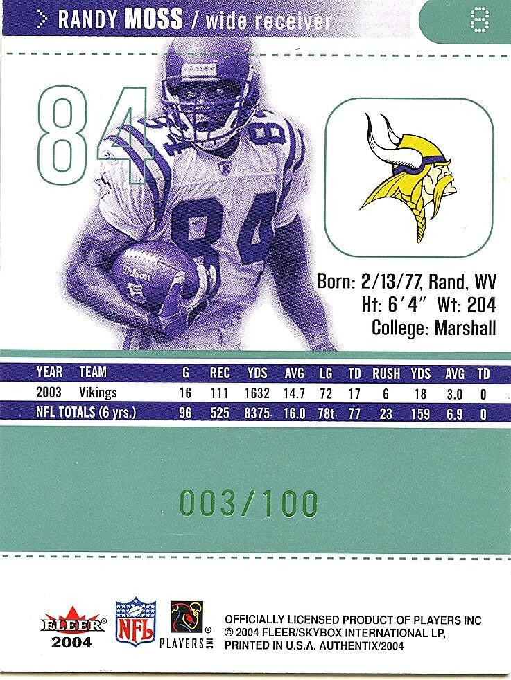 Randy Moss 2004 Fleer Authentix Green Minnesota Vikings 3/100 #8