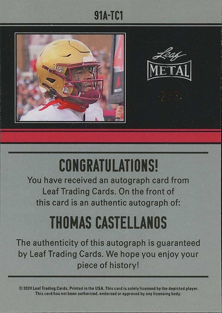 Thomas Castellanos 2024 Leaf Metal Auto Autograph SSP Rookie Florida State 2/3