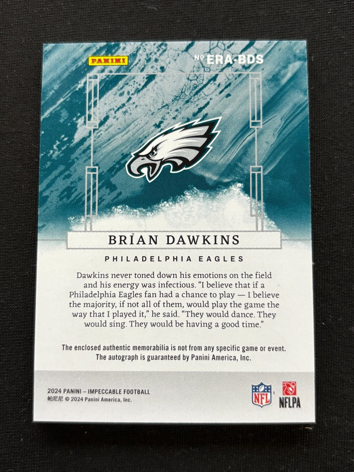 Brian Dawkins 2024 Impeccable Auto Autograph Inscription Patch Eagles 7/75