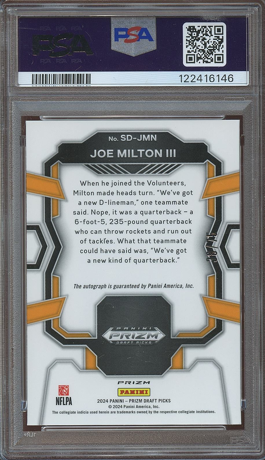 Joe Milton 2024 Prizm Draft Orange Auto Autograph RC Tennessee 38/75 PSA 10