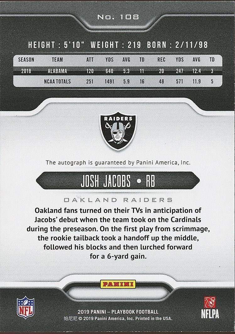 Josh Jacobs 2019 Playbook Auto Autograph RC Rookie Oakland Raiders 9/49