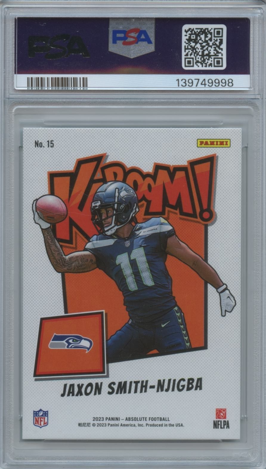 Jaxon Smith-Njigba 2023 Absolute KABOOM! Rookie SSP CASE HIT Seahawks PSA 9