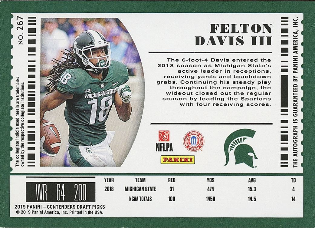 Felton Davis III 2019 Contenders Auto Autograph SSP RC Michigan State 3/18