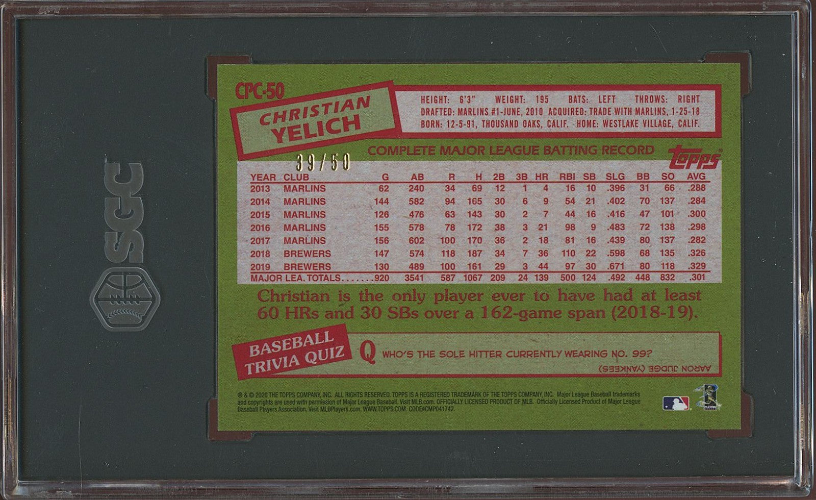 Christian Yelich 2020 Topps Chrome '85 GOLD Refractor Brewers 39/50 SGC 9