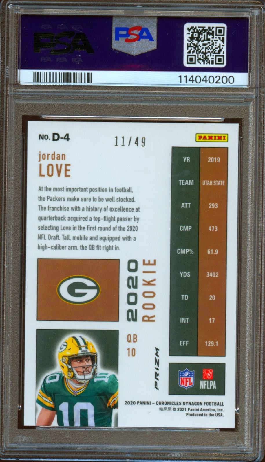 Jordan Love 2020 Dynagon GREEN Prizm Rookie RC Green Bay Packers 11/49 PSA 9