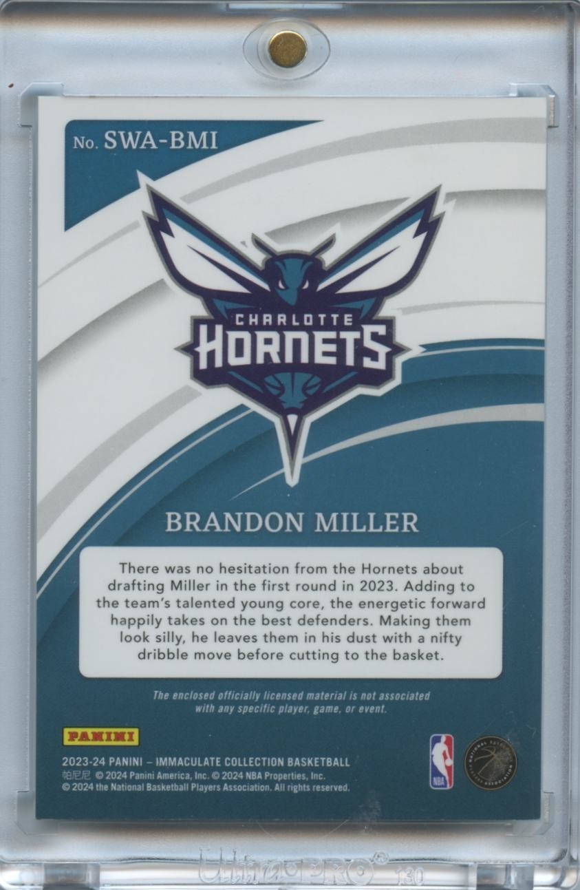 Brandon Miller 2023-24 Immaculate 2 Color Jersey Patch RC Rookie Hornets 9/99
