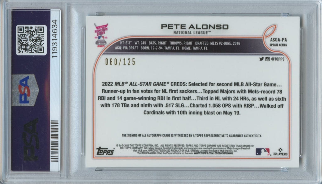 Pete Alonso 2022 Topps Chrome XFractor Auto Autograph New York Mets 60/125 PSA 9