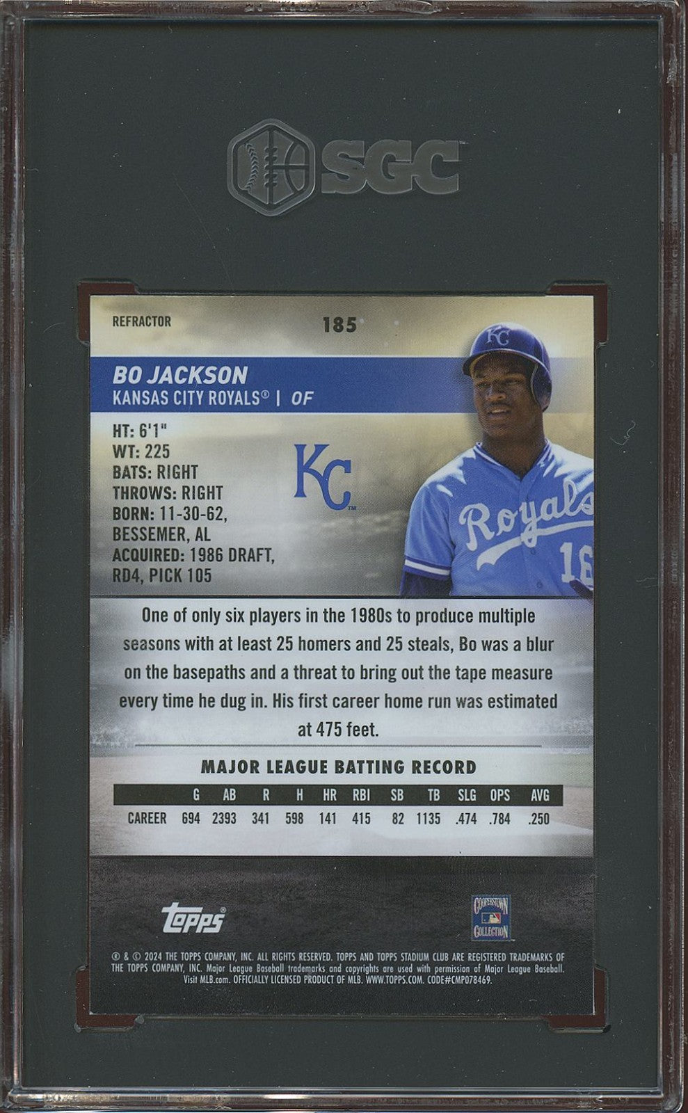Bo Jackson 2024 Stadium Club Refractor Kansas City Royals #185 SGC 9.5