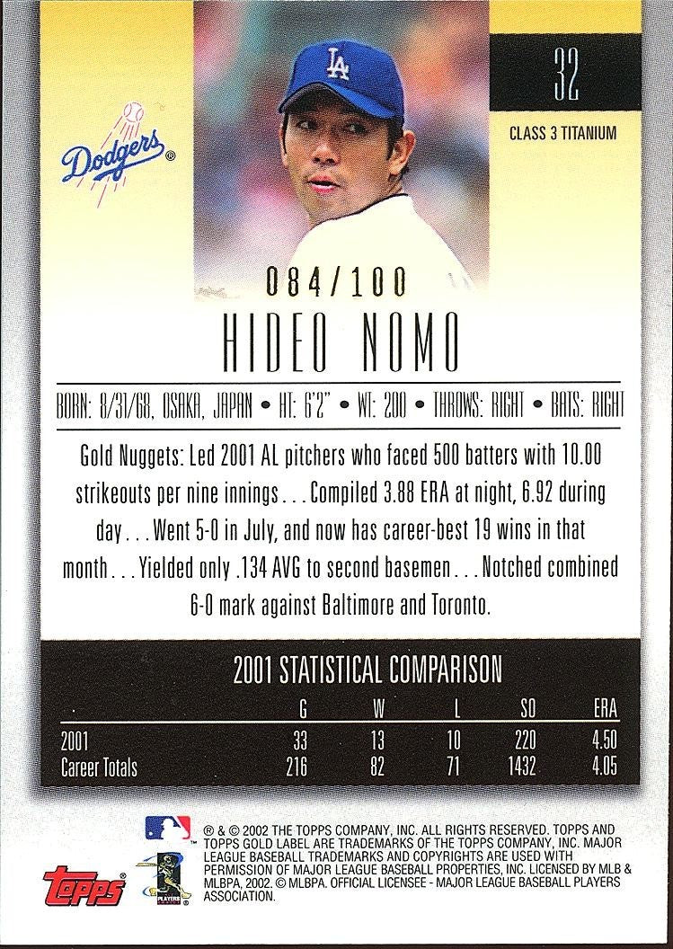 Hideo Nomo 2002 Topps Gold Label  Class 3 Titanium Los Angeles Dodgers 84/100
