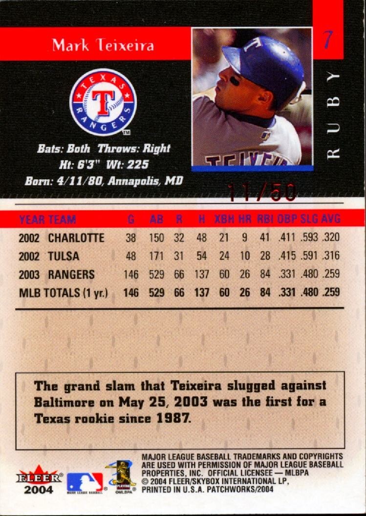 Mark Teixeira 2004 Fleer Patchworks Star Rubies Texas Rangers 11/50