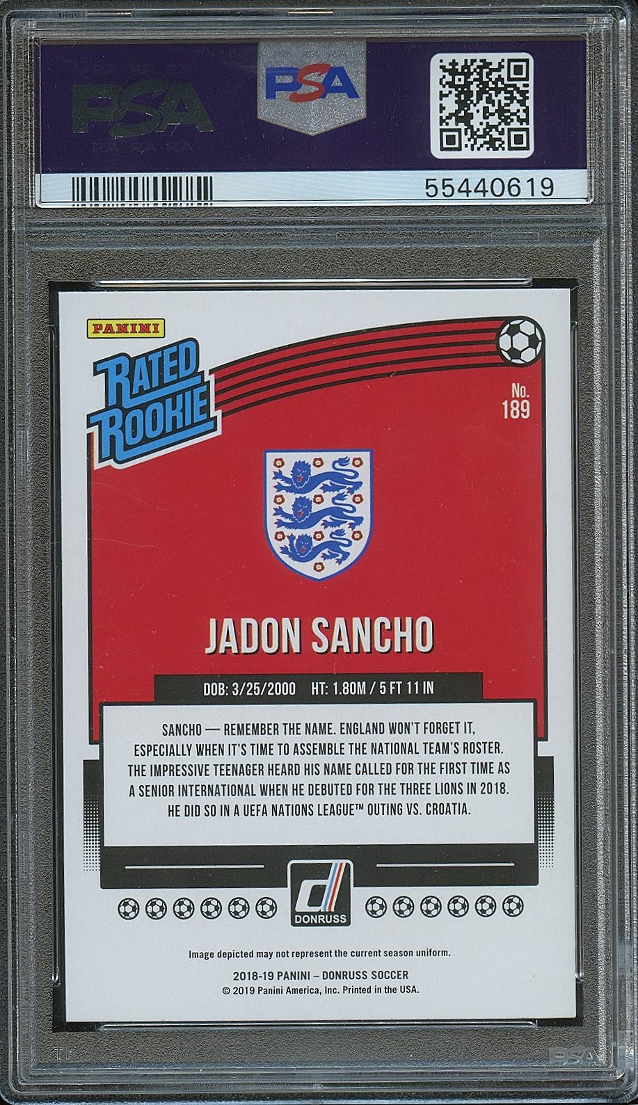 Jadon Sancho 2018 Donruss Rated Rookie Red RC Press Proof England PSA 10