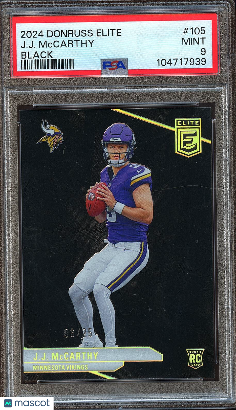 JJ Mccarthy 2024 Elite Black SSP Rookie RC Minnesota Vikings 6/25 PSA 9