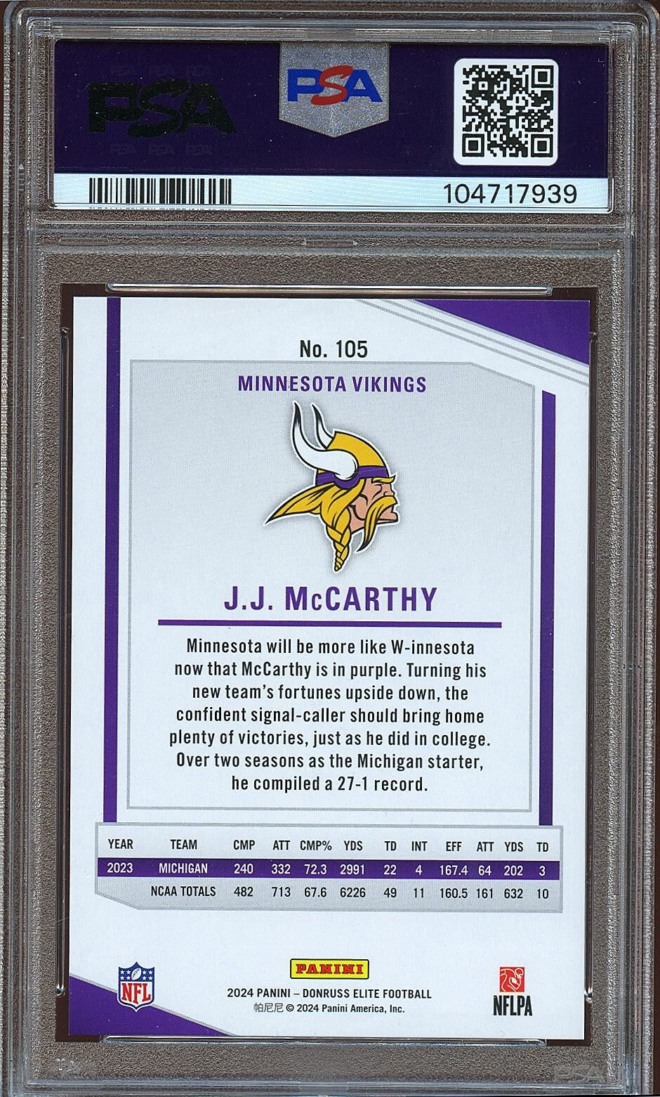 JJ Mccarthy 2024 Elite Black SSP Rookie RC Minnesota Vikings 6/25 PSA 9