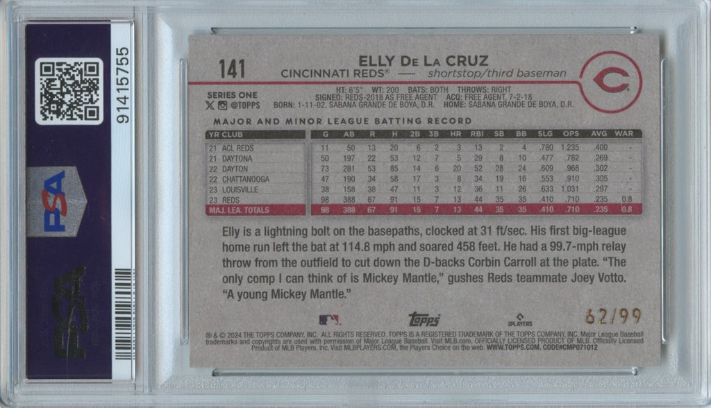 Elly De La Cruz 2024 Topps Vintage Stock Rookie RC Cincinnati Reds 62/99 PSA 9