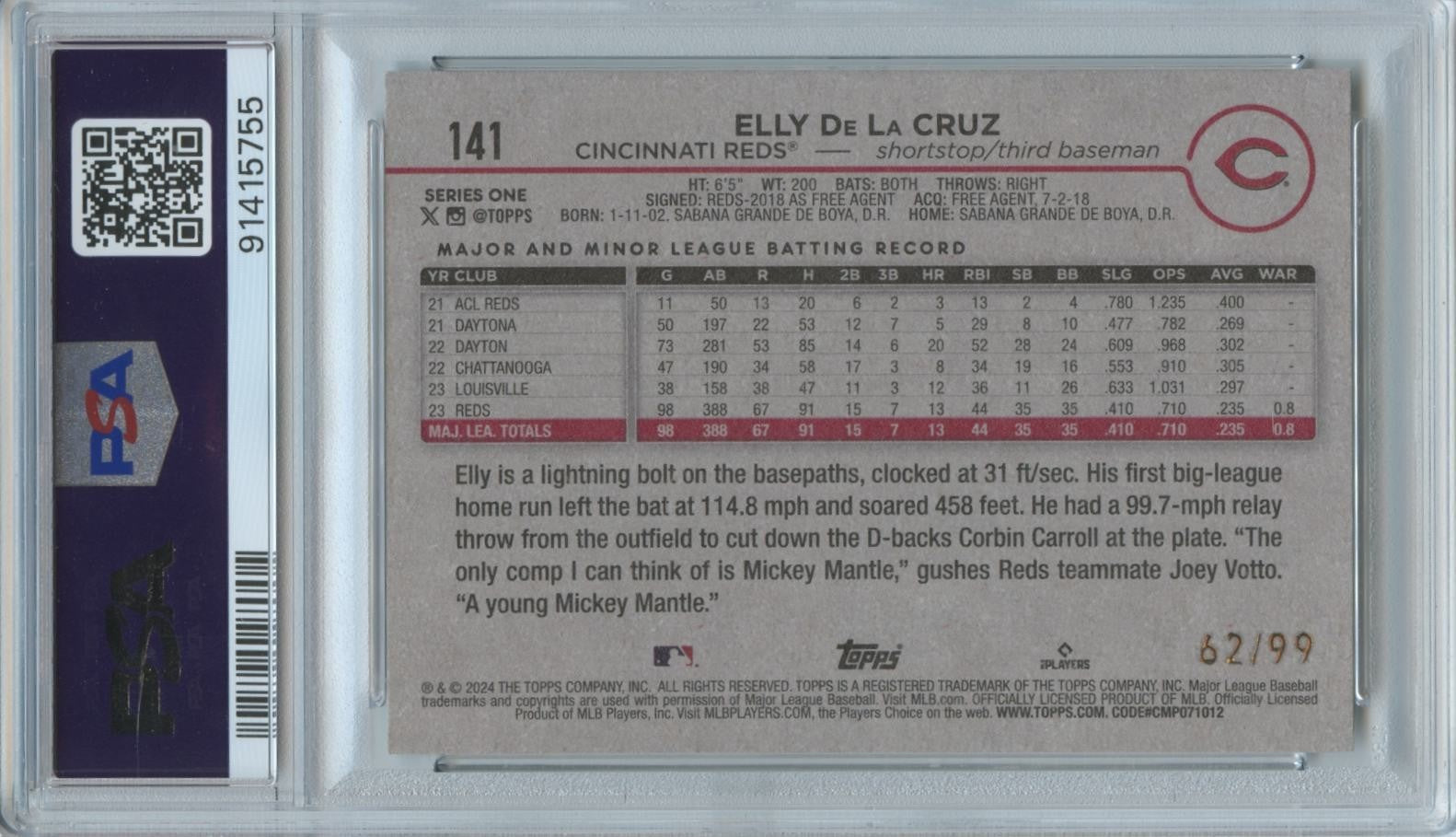 Elly De La Cruz 2024 Topps Vintage Stock Rookie RC Cincinnati Reds 62/99 PSA 9