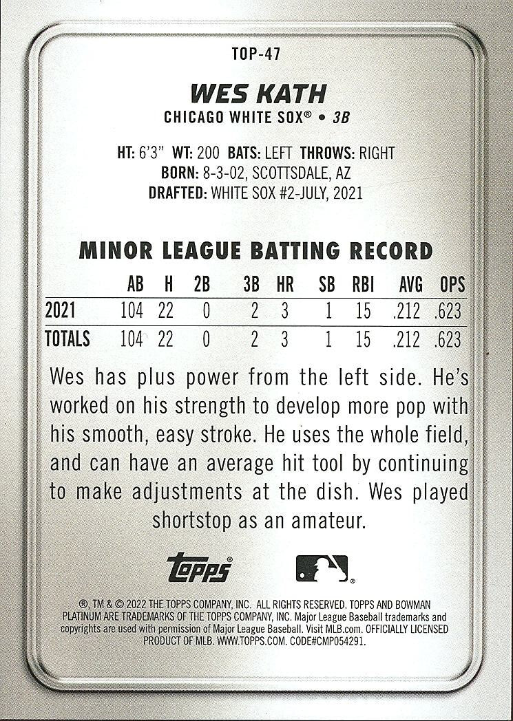 Wes Kath 2022 Bowman Platinum RED SSP Rookie RC Chicago White Sox 3/10