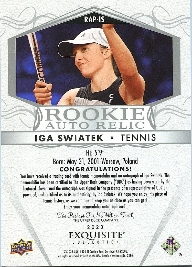 Iga Swiatek 2023 Upper Deck Exquisite Auto Autograph Patch Tennis 63/99