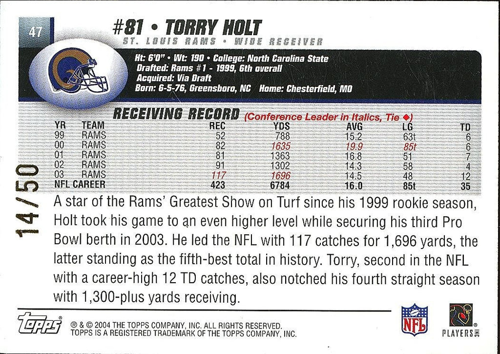 Torry Holt 2004 Topps Signature Editon BLUE St. Louis Rams 14/50 #47