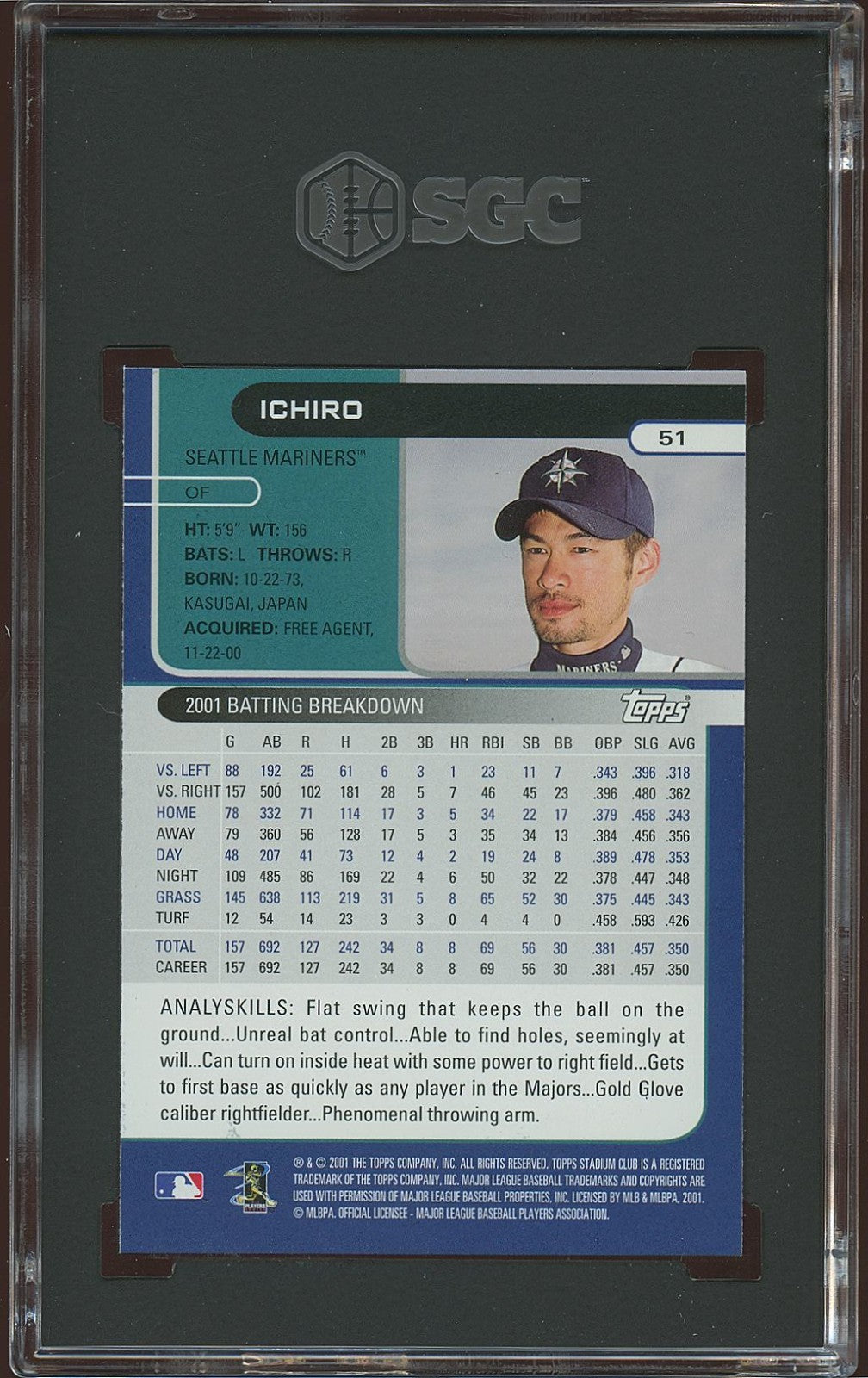 Ichiro Suzuki 2001 Topps Stadium Club Rookie RC Seattle Mariners SGC 8.5