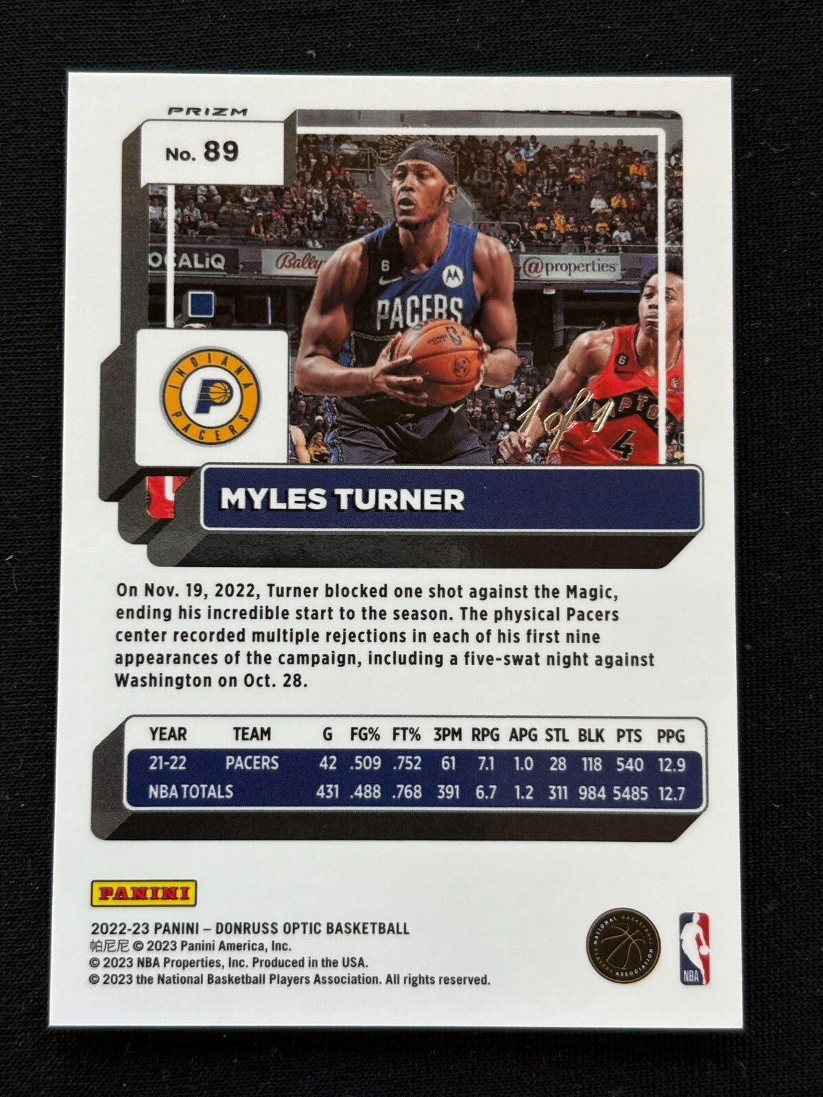 Myles Turner 2022-23 Optic BLACK Prizm Indiana Pacers Texas Longhorns 1/1 #89