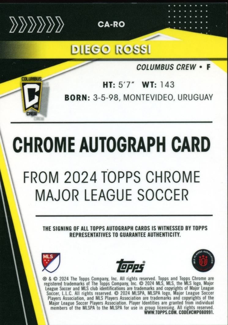 Diego Rossi 2024 Topps Chrome Black Auto Autograph SSP Columbus Crew 7/10