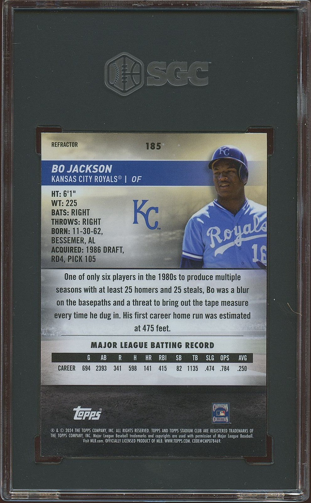 Bo Jackson 2024 Stadium Club Refractor Kansas City Royals #185 SGC 10