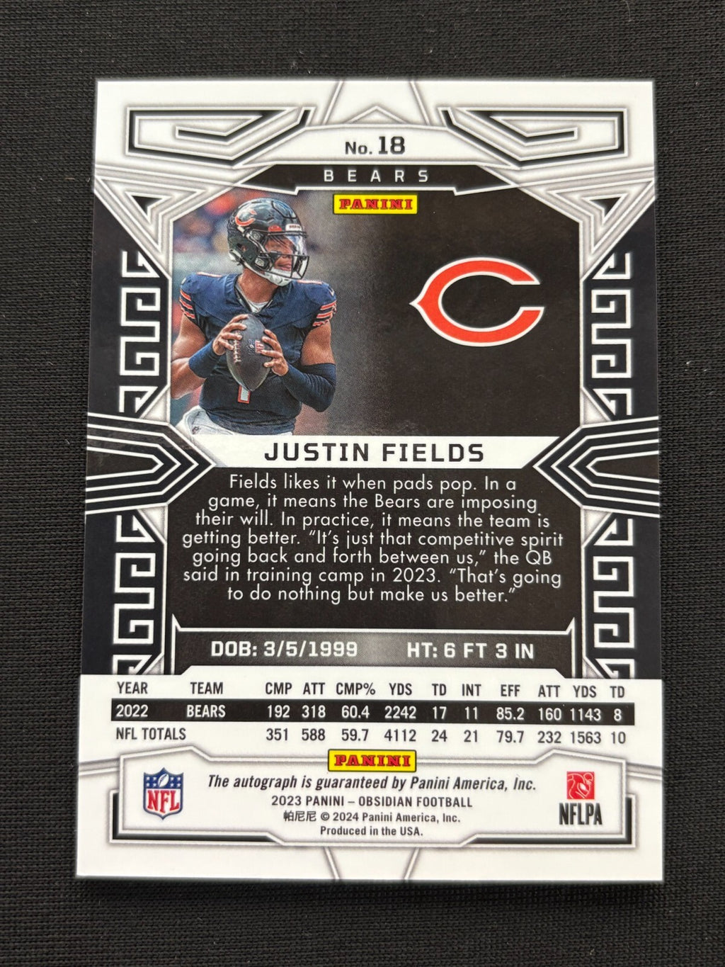 Justin Fields 2023 Obsidian Auto Autograph Chicago Bears New York Jets