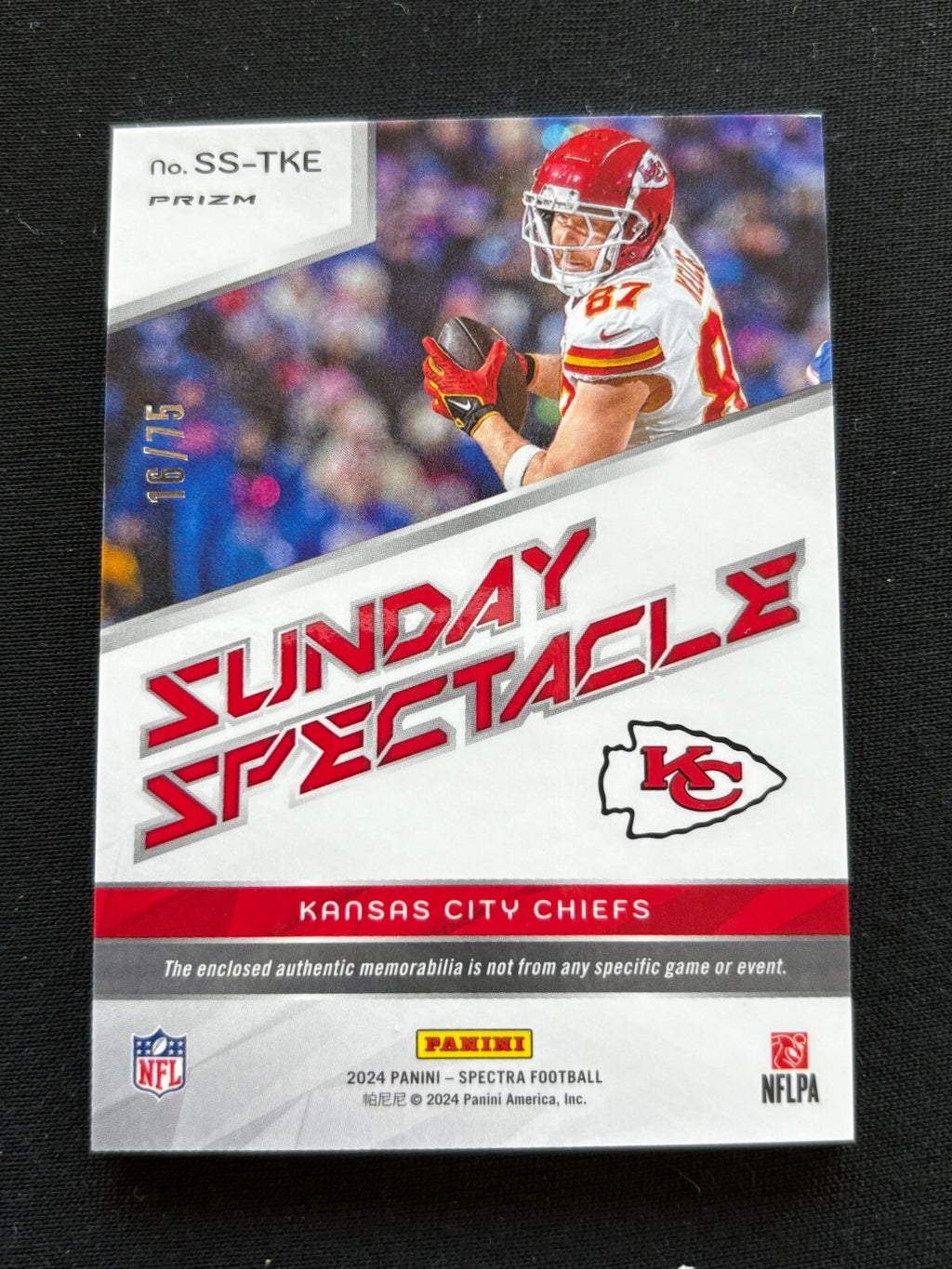 Travis Kelce 2024 Spectra Spectacle Jersey Patch Kansas City Chiefs 16/75