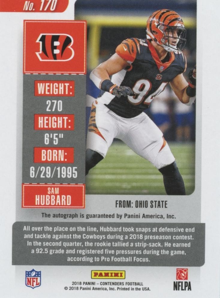 Sam Hubbard 2018 Contenders Ticket Stub Auto Autograph RC Bengals 33/94