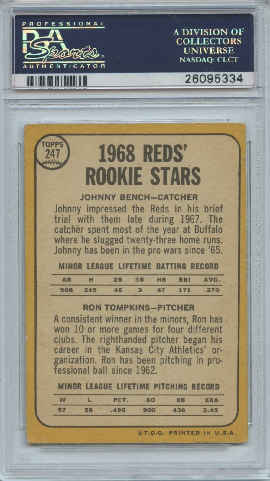 Johnny Bench / Tompkins 1968 Topps Rookie Stars RC Cincinnati Reds #247 PSA 3