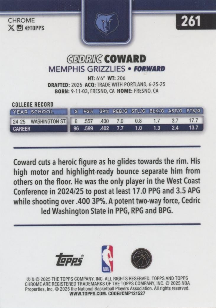 Cedric Coward 2025-26 Topps Chrome Variation GOLD Sparkle Rookie Grizlies 50/50